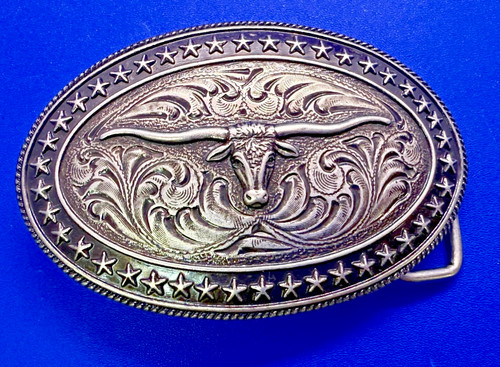 Longhorn Cow Bull Head Steer Star Ornate Silver Color Western Oval Belt Buckle