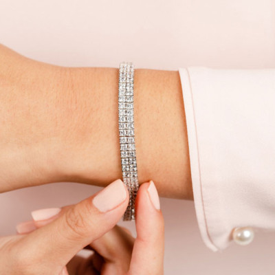 Tennisarmband 3 mm Princess Cut Moissanit zweireihig 14K Weißgold vergoldet