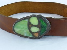 VINTAGE 1970'S ARTISAN CRAFTED STAINED GLASS BUCKLE AND BROWN LEATHER BELT