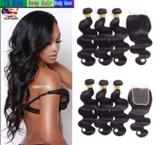 Body Wave Unprocessed Virgin Human Hair 3 Bundles w/4 4 Free Part Lace Closure