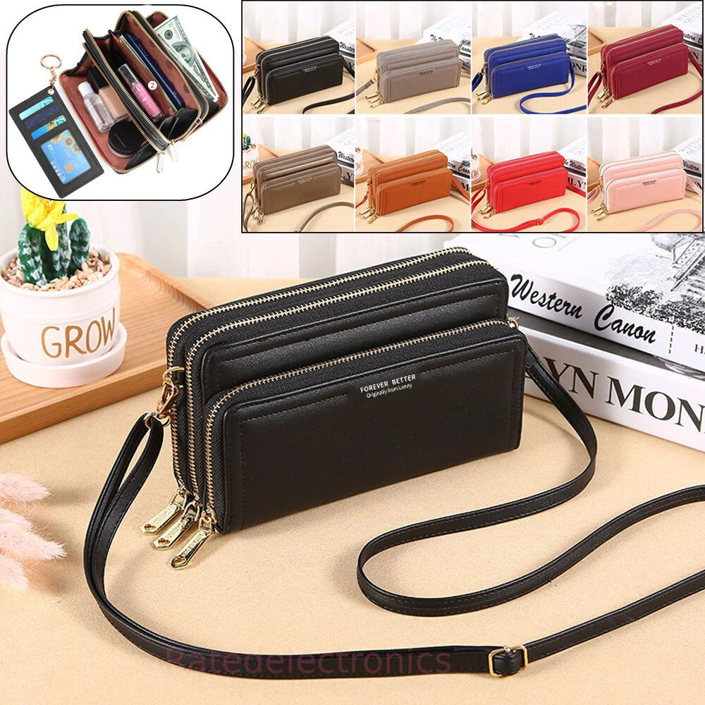 Women Cell Phone Purse Large Leather Wallet Zip Handbag Crossbody Shoulder  Strap