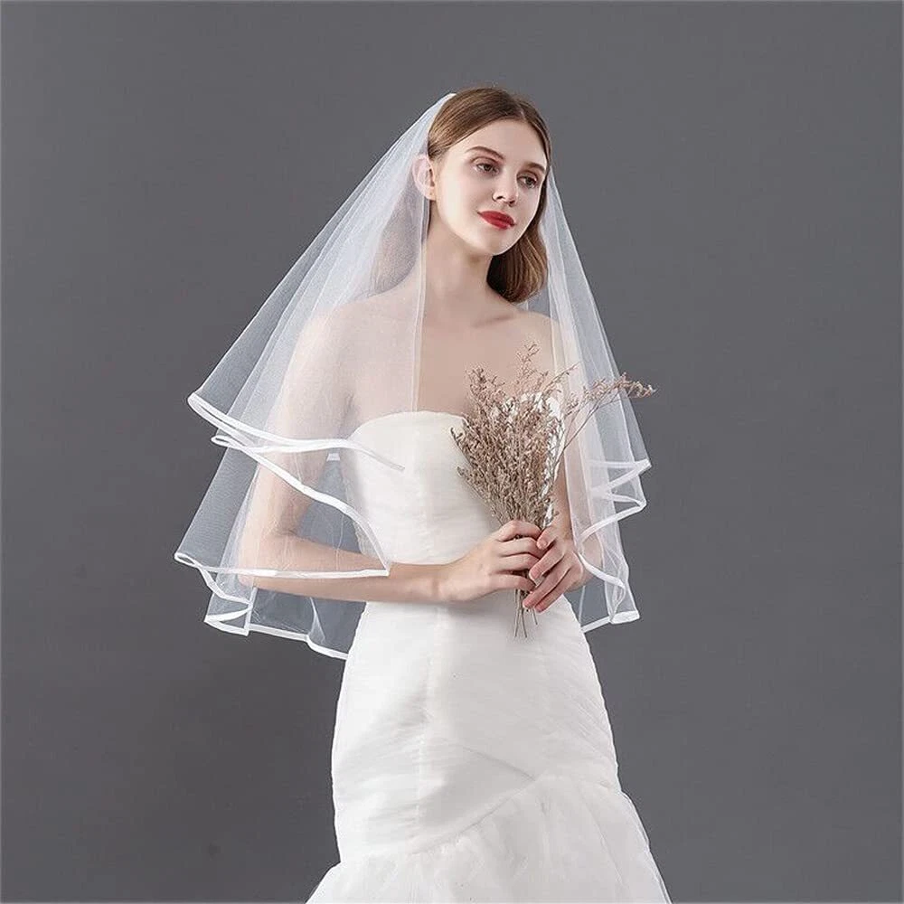 Bridal Veil Wedding Veils Simple White Tulle Short Veils Ribbon Edge for  Brides