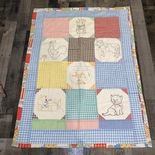 Vtg 40s 70s Handmade Patchwork Embroidered Baby Quilt Nursery Wall Hanging 41x32