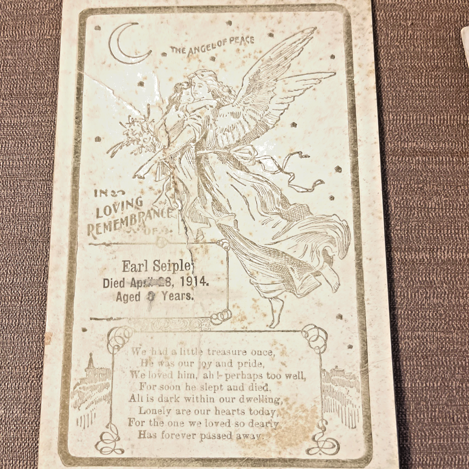 Antique 1914 Child Death Notice IN LOVING REMEMBRANCE OF Gold White Card