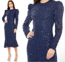 Mac Duggal 10865 Sequin Trumpet Midi Dress Navy Long Sleeve HighNeck Size 14 NWT