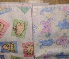 Vintage Polyester Baby Blanket Lot White w/ Bears Bunny Satin Trim USA 43 x 35