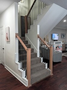 Indoor Wood Stair Handrail Railing, Brown Medium Tone, Black Metal Balusters