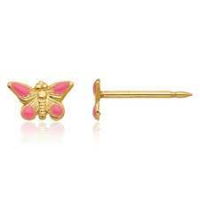 14K Solid Yellow Gold Fill Pink Butterfly Stud Earrings