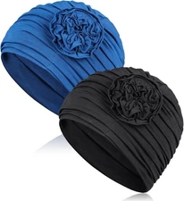 2 Pcs Chemo Headwear for Women, Soft Hats Cancer One Size, Black+sea Blue