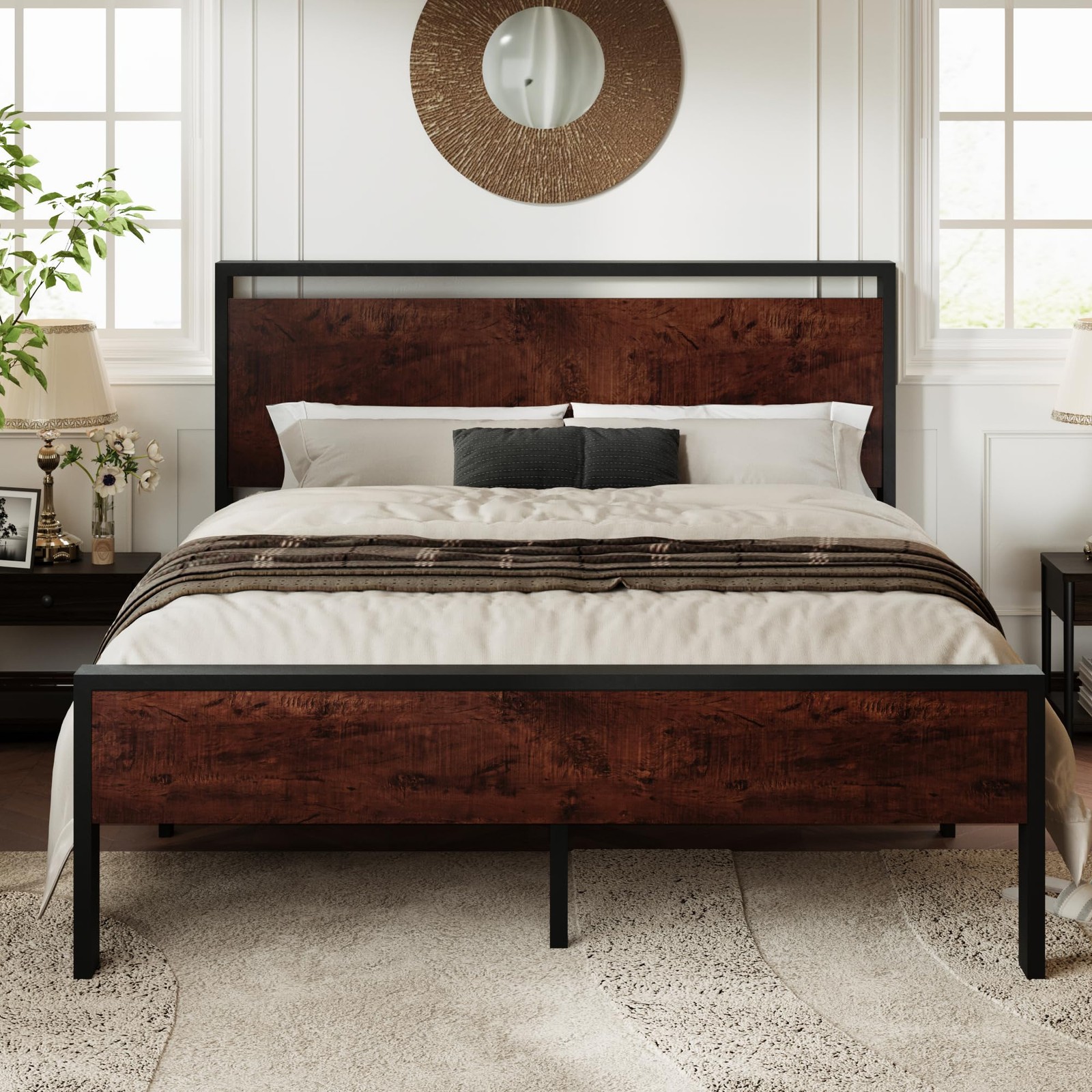 With Wooden Headboard Queen, Mahogany