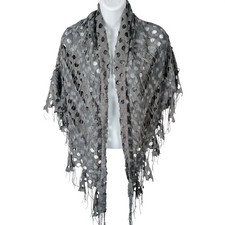 Charcoal Grey Distressed Open Knit Sequin Shawl Wrap Fringe Scarf 36x74 witch