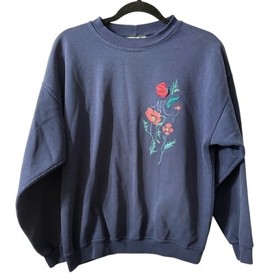 Vintage 90s Northern Reflections Blue Sweatshirt Floral Embroidered Women medium