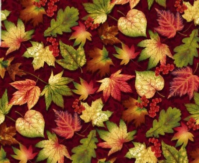 Studio E Fabric - Autumn Flourish - Forest Leaves on Burgundy Quilting Fabric 