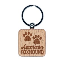 American Foxhound Dog Paw Prints Fun Text Engraved Wood Square Keychain