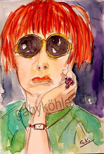 Kunst-Druck „Rote Haare & Sonnenbrille“ – Ausdrucksstarkes Aquarell-Porträt! - Bild 1 von 6