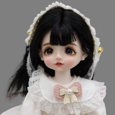 12 inch Height Girl Doll Toy Black Hair Wig White Dress Shoes Full Set Kids Gift