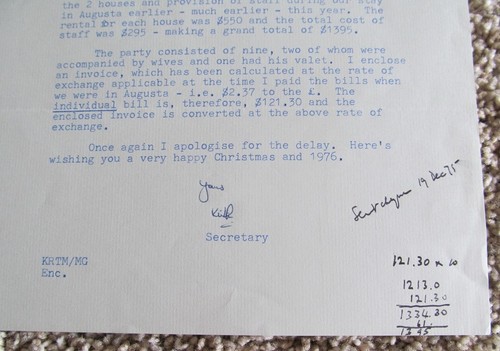 TYPED SIGNED LETTER ON R & A STATIONARY ABOUT COST OF MASTERS TRIP 1975 - Picture 4 of 4