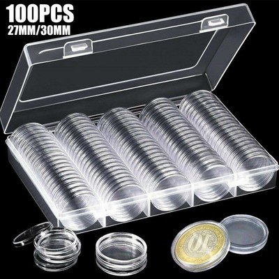100pcs Clear Round Coin Capsule Sleeves Boxes Holder Container Storage Box