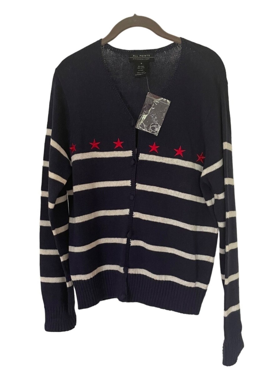 NWT All Points Knit Cardigan Sweater Patriotic Navy Blue Striped