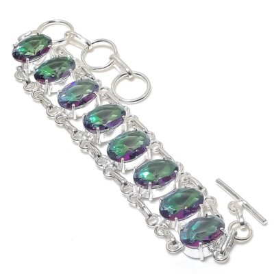 Mystic Topaz Gemstone Handmade 925 Sterling Silver Jewelry Bracelet Sz 7-8''