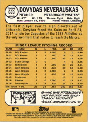 2017 Topps Heritage High Number #603 Dovydas Neverauskas
