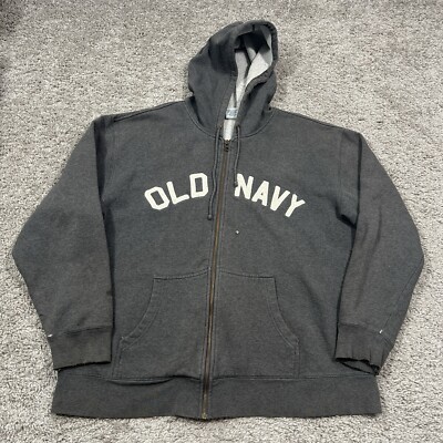 Vintage Y2K Old Navy Hoodie Mens Gray Sweatshirt Spellout Logo Zip Up  Sweater XL