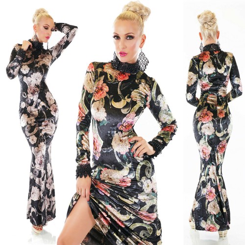 Vestito abito lungo donna sirena floreale gotico velluto rasato manica  lunga # | eBay