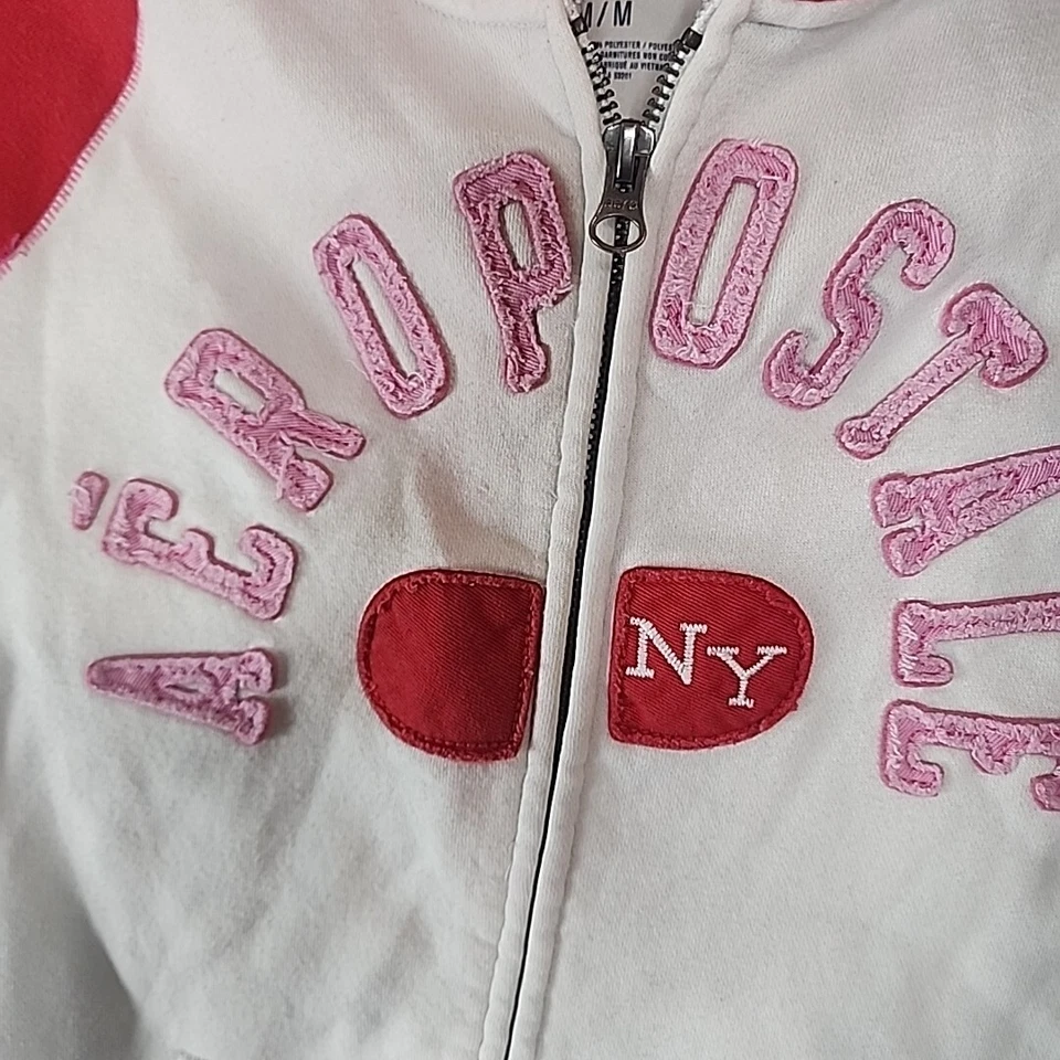 Suéter Atlético Aeropostale Mujer Talla Mediana Blanco/Rojo Cremallera Completa Sudadera con Capucha Foto 4 de 4