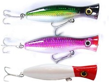 Set of 3 Large Top Water Poppers 4.75 in/ 1.5 Oz Surf Fishing Striper, Pompano