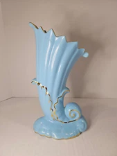 Vintage Nor-So USA Mid Century Baby Blue Hand Painted And Gold Trim Art Deco Vas