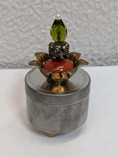 Small Handmade Jeweled Brass Flower Top Silver Tone Footed Trinket Box 2.75"