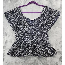 Sienna Sky Top Womens L Blue White Floral Flutter Sleeve Ruffle Peplum Peasant