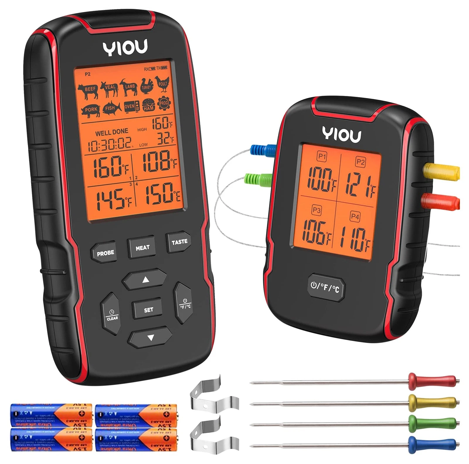 YIOU WIRELESS MEAT THERMOMETER FOR COOKING, DIGITAL MEAT THERMOMETER -RED