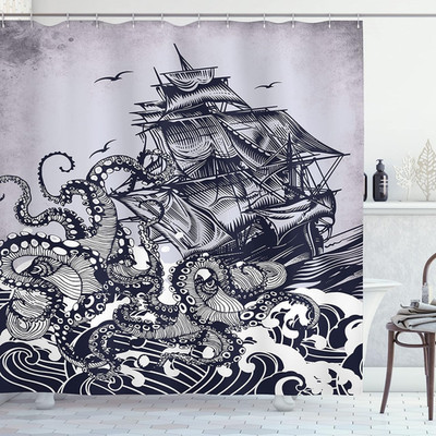Nautical Shower Curtain, Coastal Nature Theme Kraken Octopus Tentacles with Ship