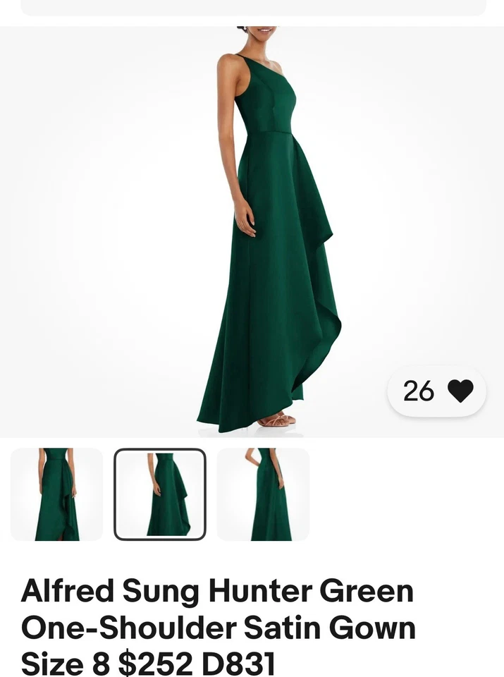 Alfred Sung Hunter 绿色单肩缎面礼服 8 码 252 美元 D831 — 第 2/3 张图片