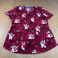 Frosty the Snowman Holiday Scrub Top Red Snowman Print V-Neck Small