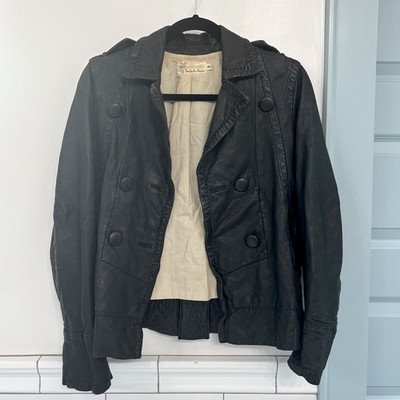 BplusAB B+AB Y2K Black Leather Button Up Moto Jacket Size 40 Small Indie Sleaze