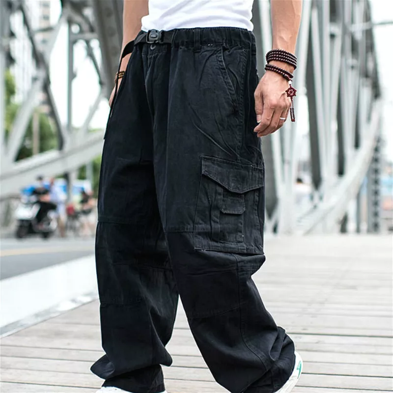 Men Black Flap Pocket Zip Detail Drawstring Waist Cargo Pants