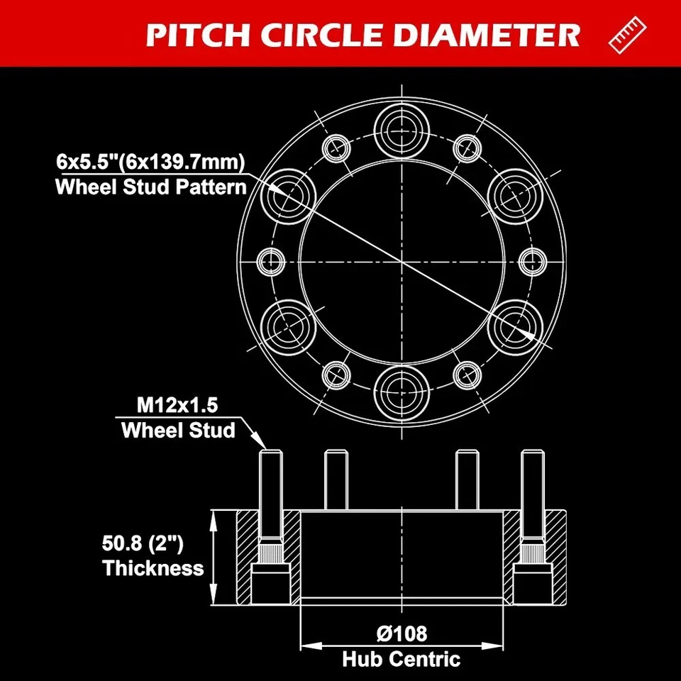 4PC 2" Wheel Spacers 6x5.5 6x139.7 for Toyota 4Runner Tacoma FJ Cruiser 12x1.5 - Image 3 of 4