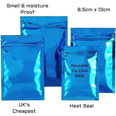 *8,5 cm x 13 cm BLAUE FOLIE REISSVERSCHLUSS MYLARBEUTEL HITZEVERSIEGELBAR MANIPULATIONSSICHER BILLIG*