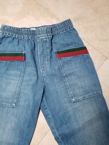 100% AUTH Gucci Iconic Red Green Logo Kids Loose Fit Pull On Denim Pants Sz 10 - Picture 11 of 17