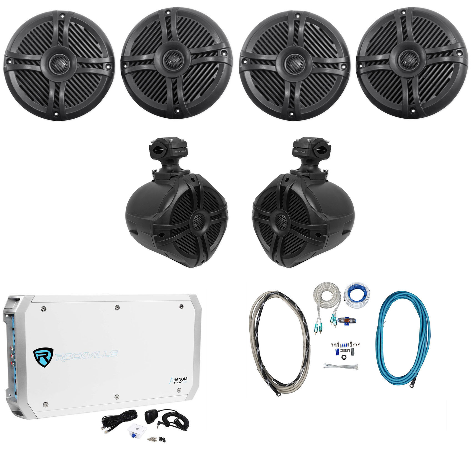 4 Морские лодочные колонки Rockville RMSTS65B 65 мощностью 1600 Вт 2 Вейкборды Усилитель Комплект проводов 64790₽