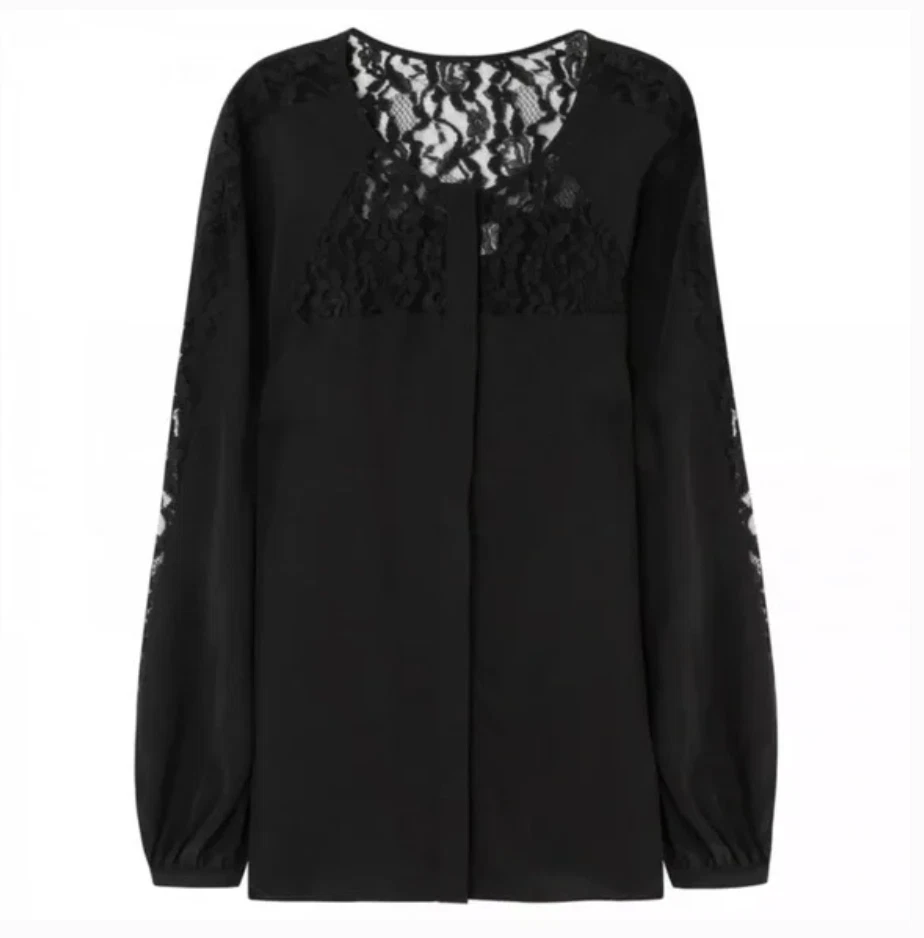 Camisa Blusa Parker de Encaje para Mujer Pequeña Negra Manga Larga Con Botones Crew