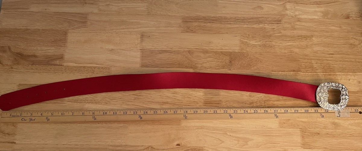 Vintage St. John Red Satin Belt Silvertone Bling Buckle Size  display picture 3
