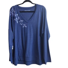Life Is Good Women Blue Knit Top-Lilac Embroidery-Grandmacore-Stretch-Comfort XL