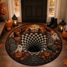 Halloween Quilted Round Rug, 3D Optical Illusion Spooky Circle Area Rug Ghost