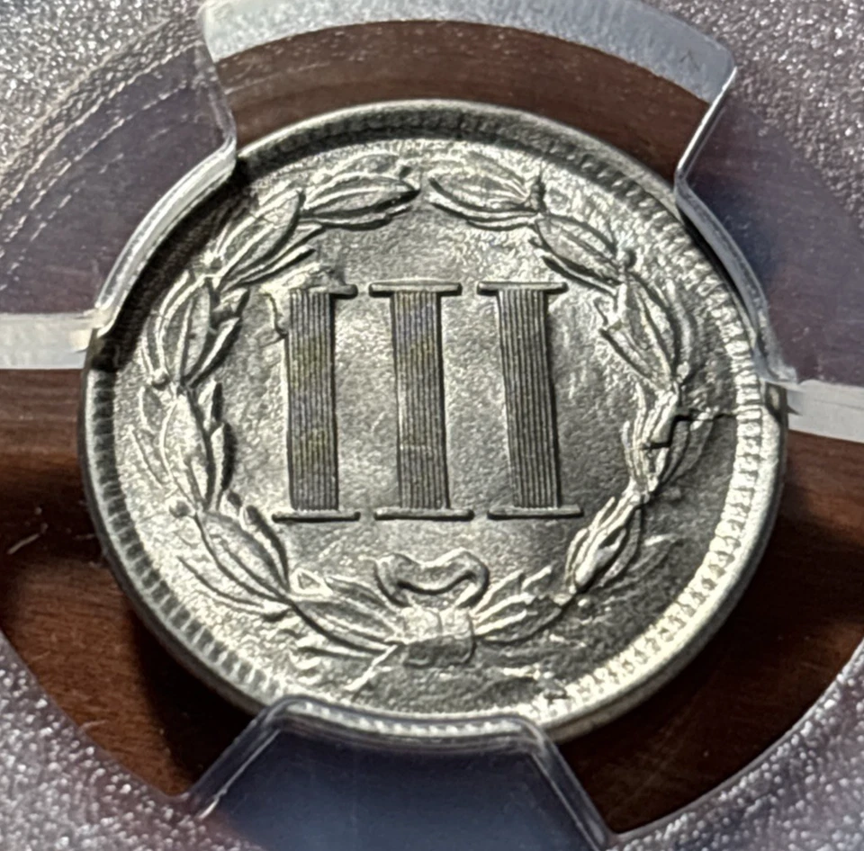 1866 Three Cent Nickel 3CN PCGS MS64 - Die Chip Above I on Reverse - Image 3 of 4