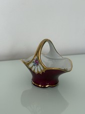 Vintage Limoges France Porcelain Red Marbled Miniature Basket Gold Trim Courting