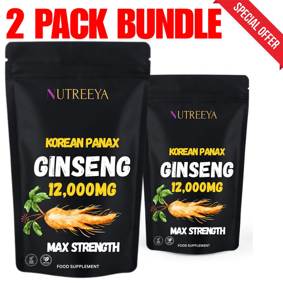 NUTREEYA Korean Ginseng 12000mg Pack of 2 Panax Ginseng 240 Tablets vegan UK made
