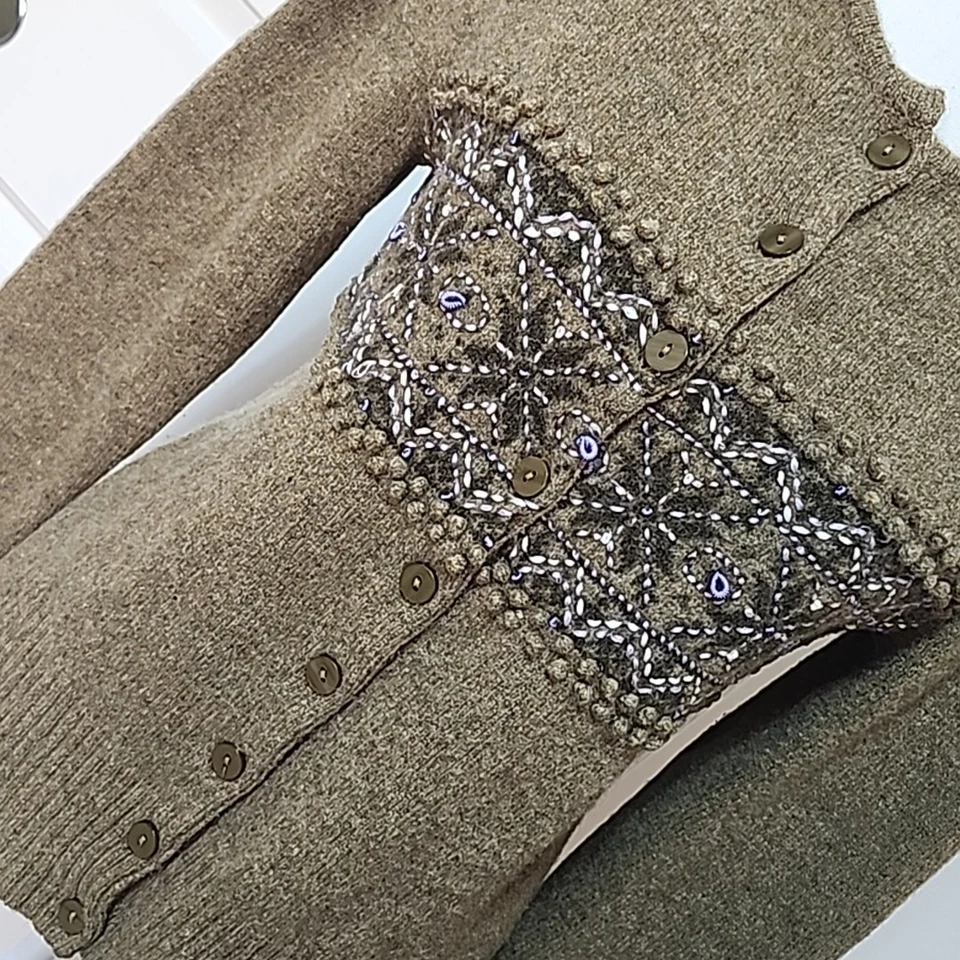 Elena Solano Cardigan Sweater Lamb's Wool Embroidered Olive Green Button Up  L - Image 4 of 4